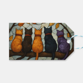 Etiqueta Para Presente Cinco Gatos em um Galho de Árvore Estilo Vidro Col