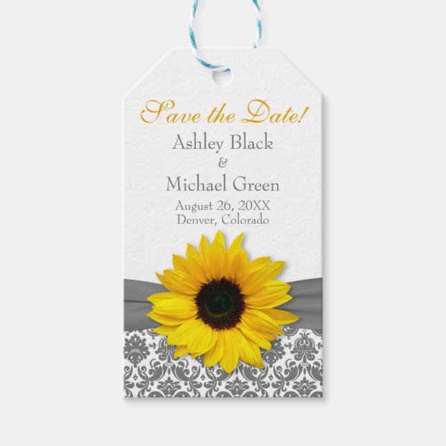 Etiqueta Para Presente Cinza Damask Yellow Sunflower Weding Date (Casamen (Frente)