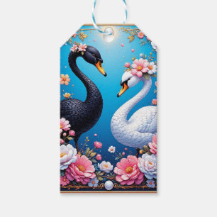 Etiqueta Para Presente Cisnes de Casamento Enquadrados com Ouro e Flores