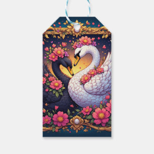 Etiqueta Para Presente Cisnes de Casamento Enquadrados com Ouro e Flores
