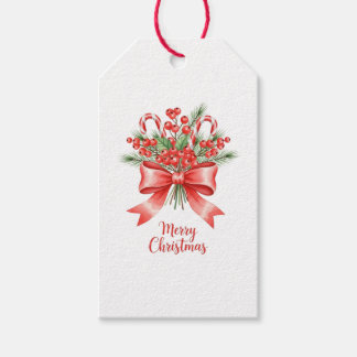 Etiqueta Para Presente Classic Holly Candy Cane Christmas Bow Gift Tag