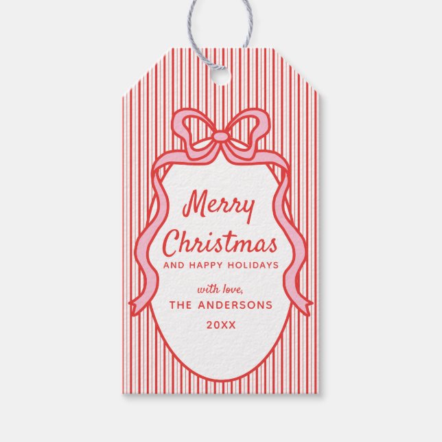 Etiqueta Para Presente Classic Red Pink Stripes & Bow Frame Christmas  (Frente)
