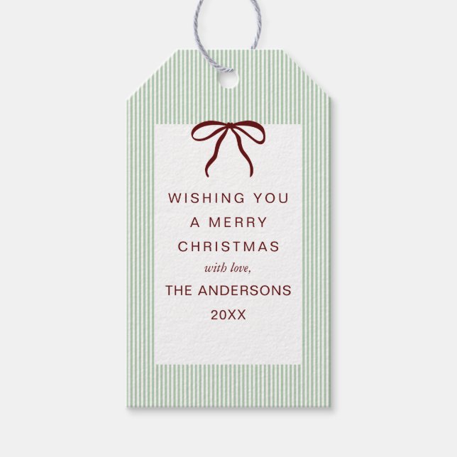 Etiqueta Para Presente Classic Stripes Red Bow Merry Christmas (Frente)
