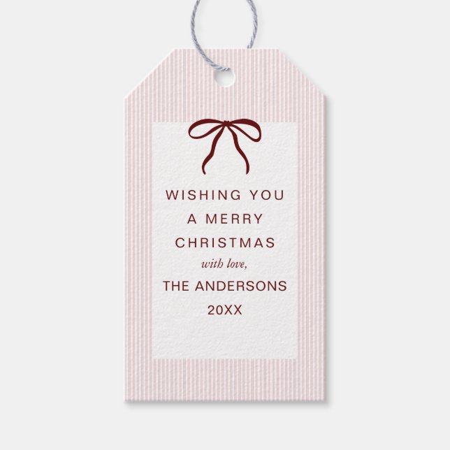 Etiqueta Para Presente Classic Stripes Red Bow Merry Christmas (Frente)