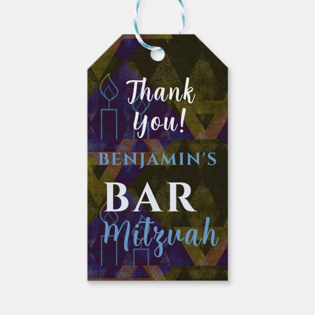 Etiqueta Para Presente Clássico Bar Azul Moderno Mitzvah Negrito Obrigado (Frente)