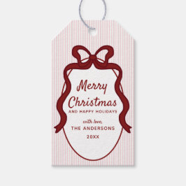 Etiqueta Para Presente Clássico Natal Moldura de Listras e Laço Vermelho 