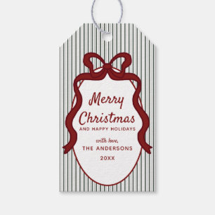 Etiqueta Para Presente Clássico Natal Moldura de Listras Verde Escuro & L