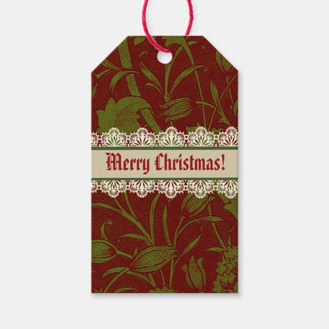 Etiqueta Para Presente Clássico Nostálgico William Morris Red Holiday (Frente)