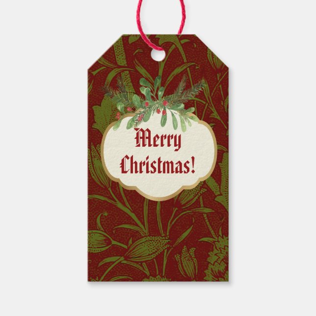 Etiqueta Para Presente Clássico Nostálgico William Morris Red Holiday (Frente)
