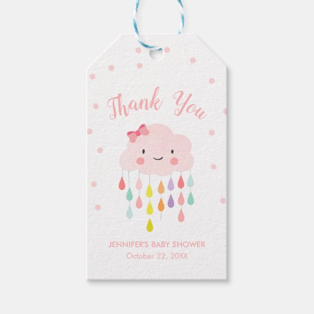 Etiqueta Para Presente Cloud Raindrops Rainbow Pink Blush Obrigado Garota (Frente)