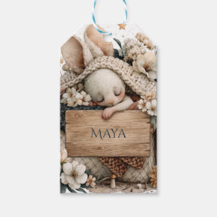 Etiqueta Para Presente Coelho Bebê Adormecido com Cobertor de Tricô e Nom