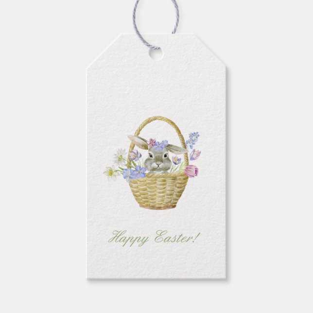 Etiqueta Para Presente Coelho felz pascoa num Primavera cesto (Frente)
