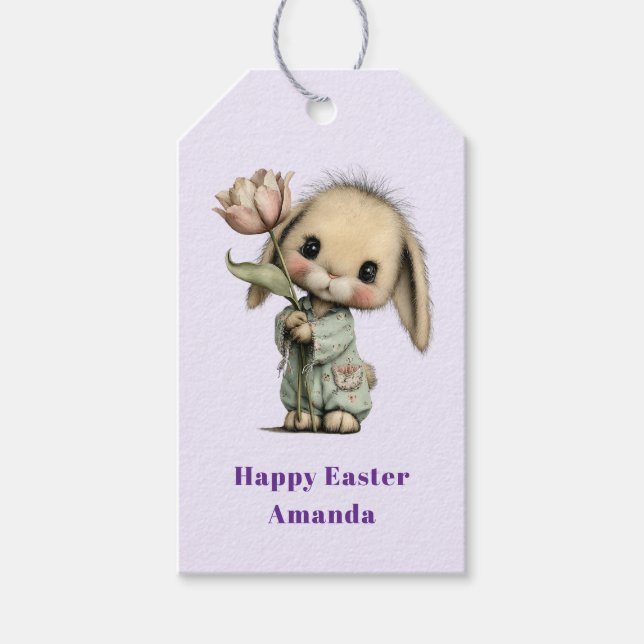Etiqueta Para Presente Coelho Fofo Segurando um Easter de Tulipa (Frente)