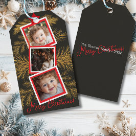 Etiqueta Para Presente Colagem de Fotos de Feriado de Pino Dourado Elegan