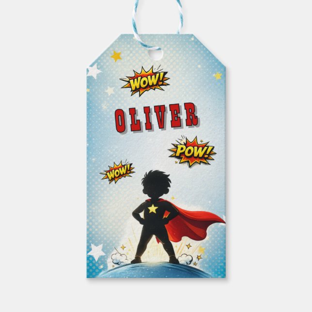 Etiqueta Para Presente Comic Style Superhero Boy's Name Birthday (Frente)