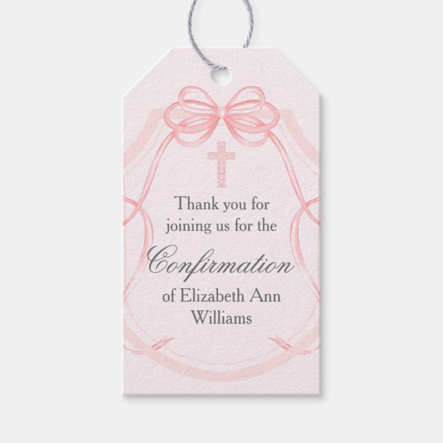 Etiqueta Para Presente Confirmação do Arco de Fita Rosa Elegante (Frente)