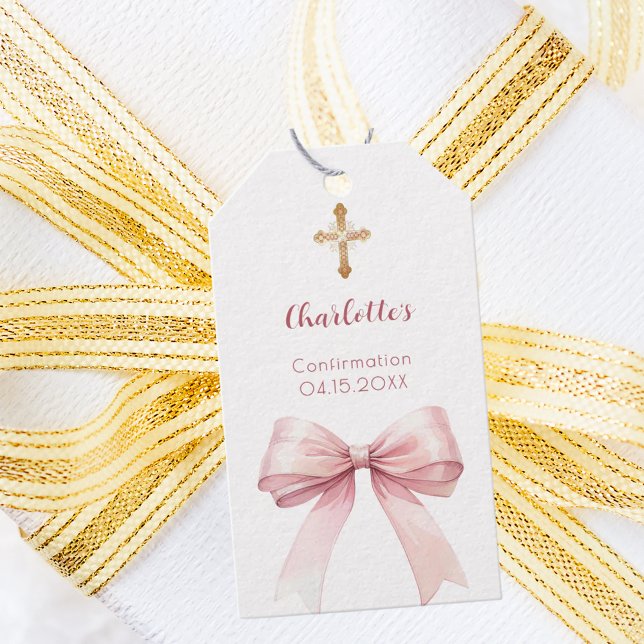 Etiqueta Para Presente Confirmation blush pink bow cross girl DIY (Criador carregado)