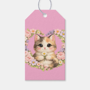 Etiqueta Para Presente Coração Floral Arte Kawaii Gatinho 