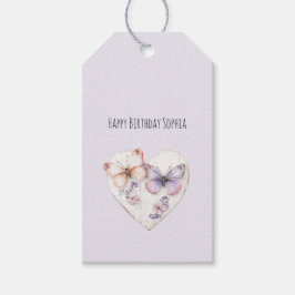 Etiqueta Para Presente Coração Floral de Lavanda Rosa Borboletas Aniversá