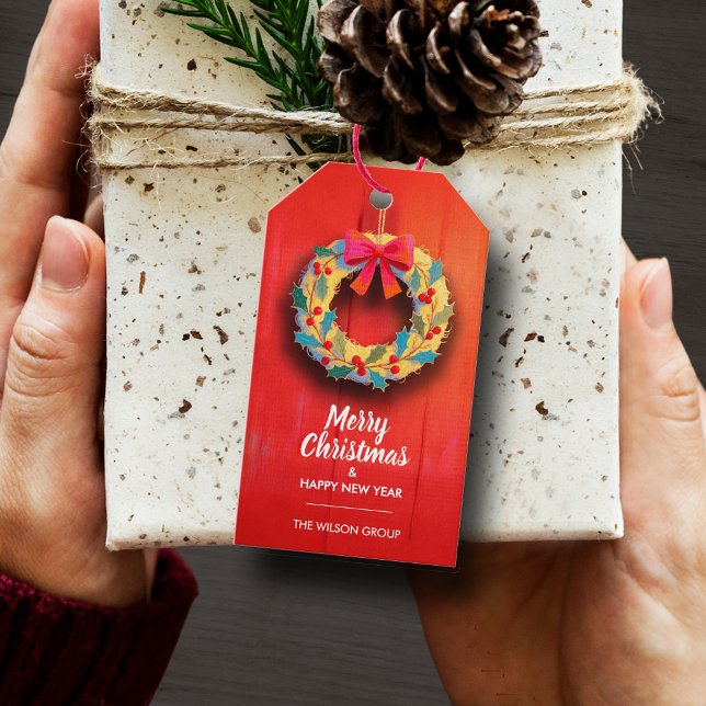 Etiqueta Para Presente Coroa de Natal Moderna (Modern wreath Merry Christmas & Happy New Year favor gift tags)