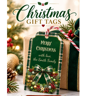 Etiqueta Para Presente Coroa de Natal Xadrez Verde Dourado Elegante
