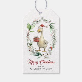 Etiqueta Para Presente Coroa Ornamentada de Natal com Ganso Bobo e Frutas