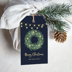 Etiqueta Para Presente Corrida de Natal com luzes de cordas Douradas em a