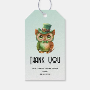 Etiqueta Para Presente Coruja Bonita em uma festa de chapéu Verde Obrigad