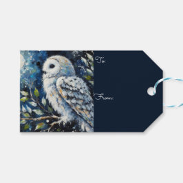 Etiqueta Para Presente Coruja Branca em Ramificação em Pintura à Lua