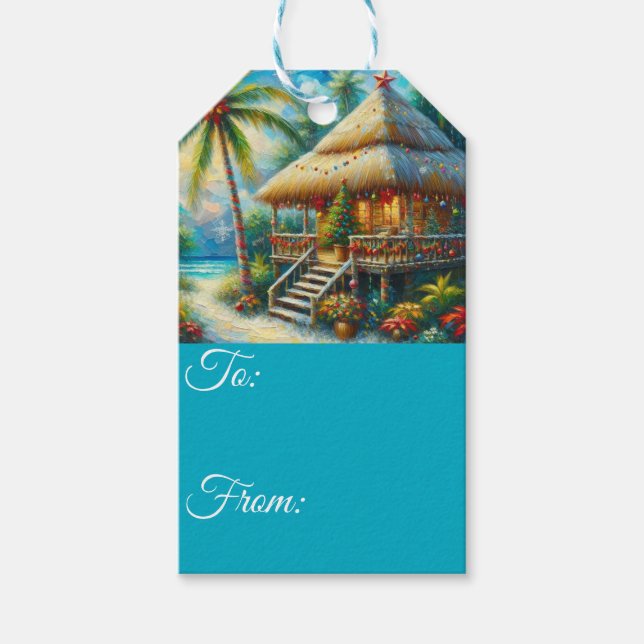 Etiqueta Para Presente Costeira de Palm de Natal Tropical Hut (Frente)
