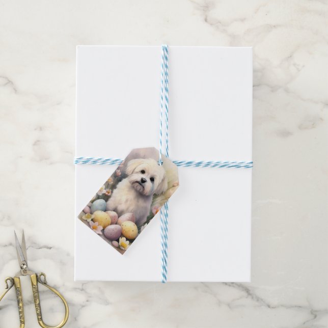 Etiqueta Para Presente Coton De Tulear com Ovos da Páscoa (Com cordão)