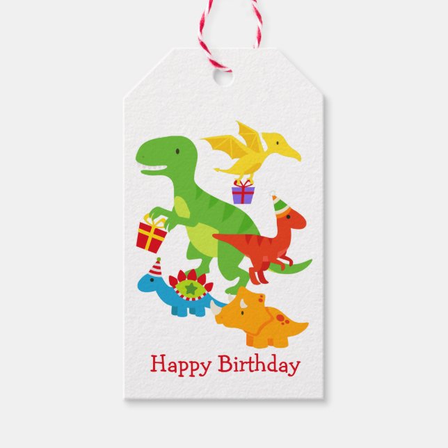 Etiqueta Para Presente Crianças Cartoon Dinossauros Feliz Aniversário (Frente)
