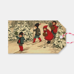 Etiqueta Para Presente Crianças vintage esquiando no Natal retrô