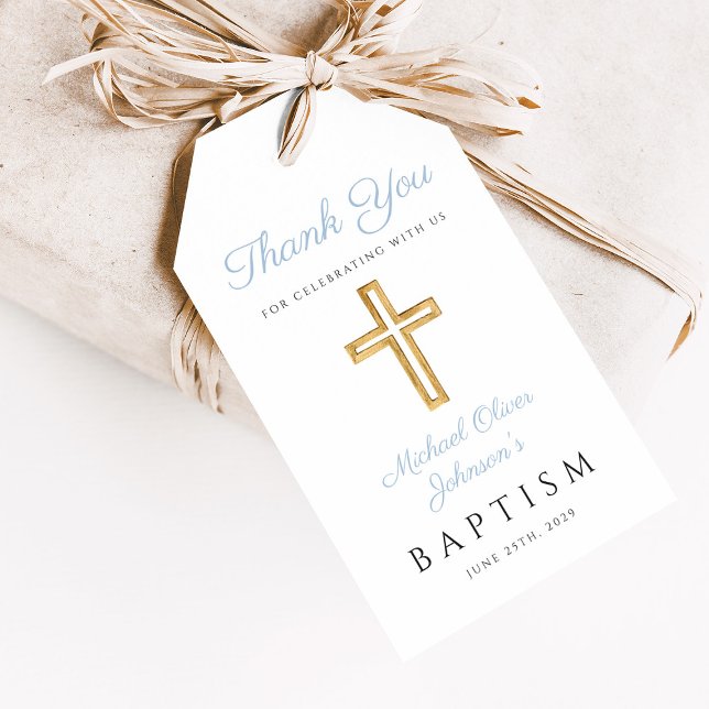 Etiqueta Para Presente Cristo Religioso Bebê Batismo Azul (Religious Cross Boy Baby Blue Baptism Gift Tags)