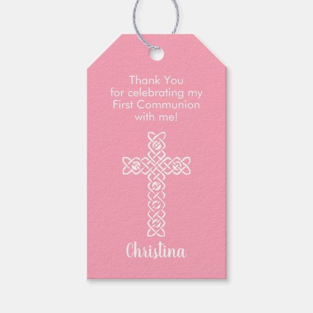 Etiqueta Para Presente Cross Flamingo Pink Commune Baptism Christening (Frente)