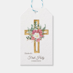 Etiqueta Para Presente Cruz Floral Dourada Primeira Comunhão Sagrada