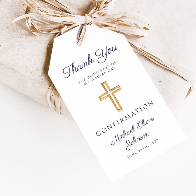 Etiqueta Para Presente Cruz Religiosa Azul Marinho Menino Confirmação (Navy Blue Religious Cross Boy Confirmation Gift Tags)