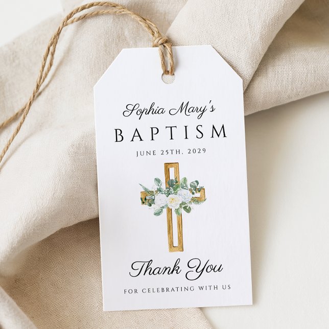 Etiqueta Para Presente Cruz Religiosa Peônias Florais Batismo Agradecimen (Religious Cross Floral Peonies Baptism Thank You Gift Tags)
