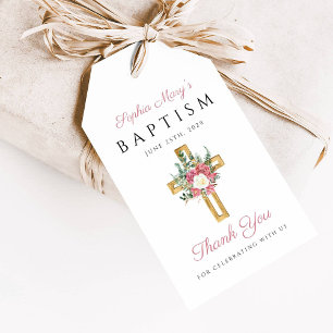 Etiqueta Para Presente Cruz Religiosa Rosa Floral Menina Batismo Agradeci