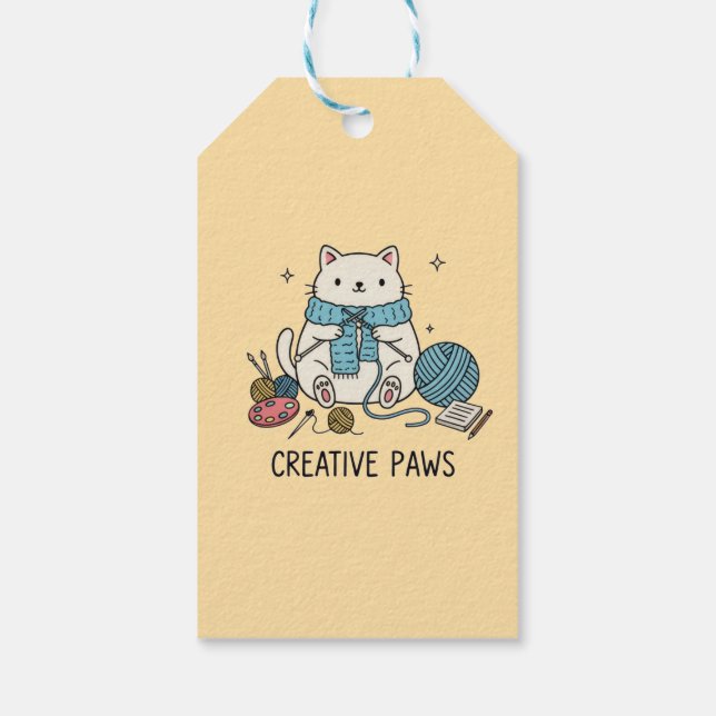 Etiqueta Para Presente Cute Cat Knitting Creative Paws Yellow Stationery  (Verso)