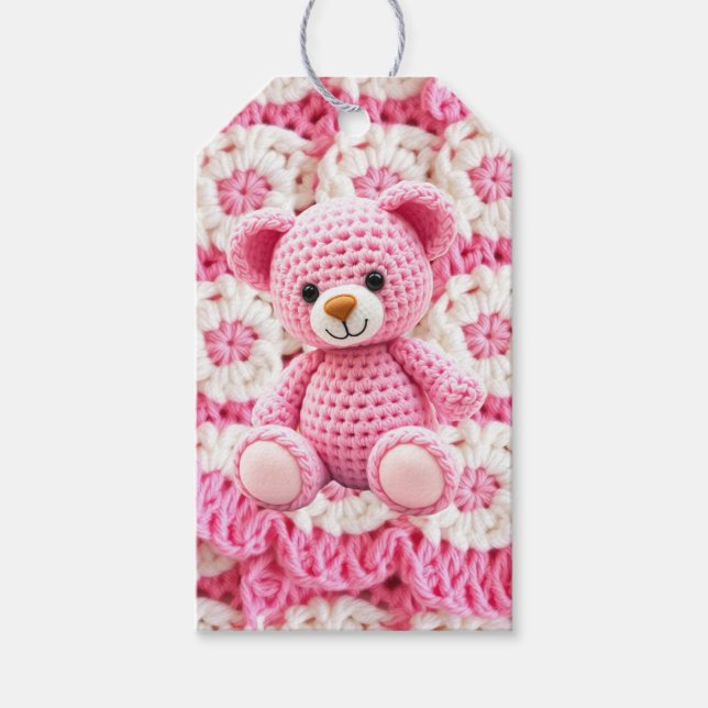 Etiqueta Para Presente Cute Crocheted Teddy Bear Girl's Baby Shower (Frente)