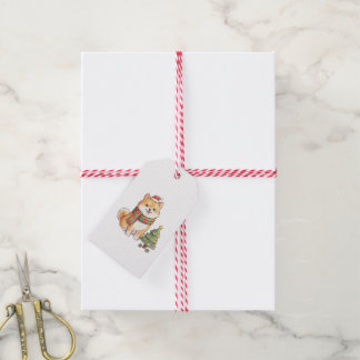 Etiqueta Para Presente Cute Natal Shiba Inu de chapéu e cachecol de Santa