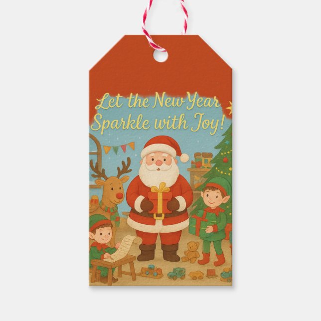 Etiqueta Para Presente Cute Santa & Elves New Year Holiday Card (Frente)