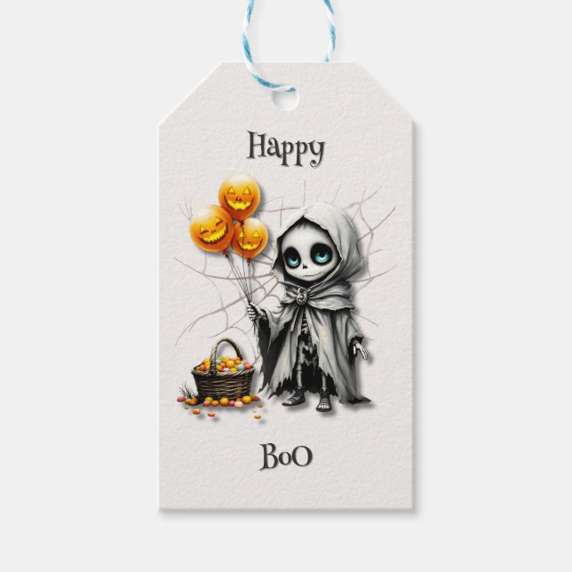 Etiqueta Para Presente Cute Skeleton Girl with Pumpkin Balloons  (Frente)
