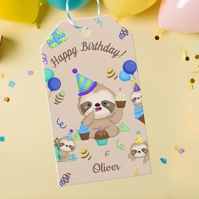 Etiqueta Para Presente Cute Sloth Birthday Party Blue Balloons & Cupcakes (Criador carregado)