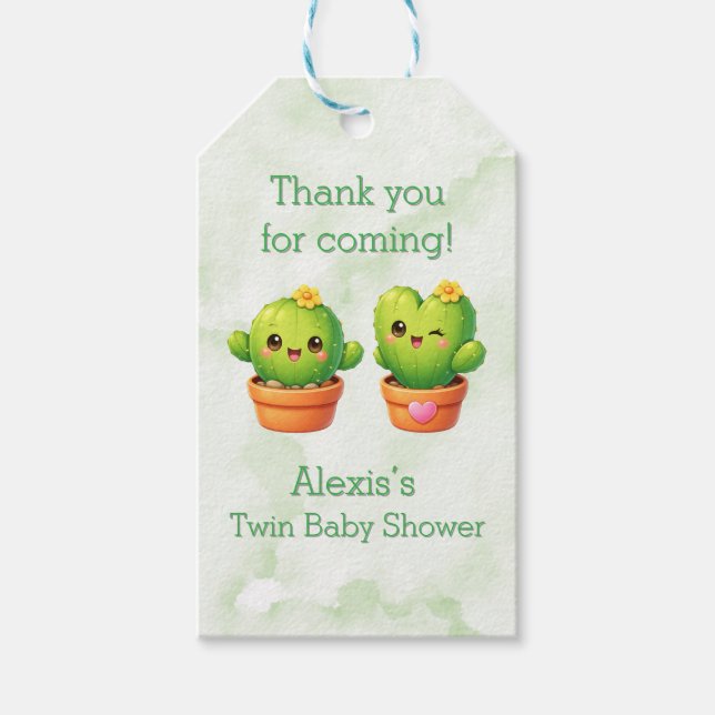 Etiqueta Para Presente Cute Twin Cactus Baby Shower Thank You (Frente)