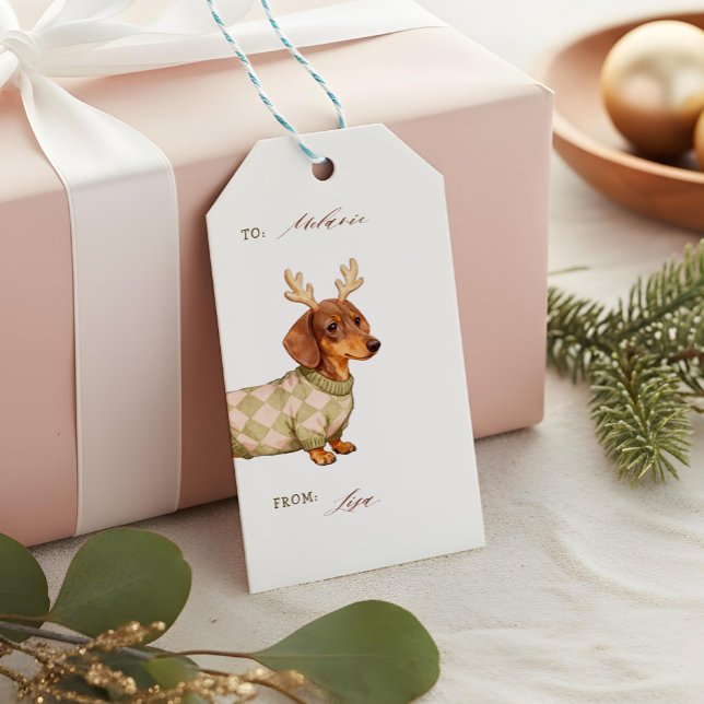 Etiqueta Para Presente Dachshund Dog Christmas Checkered Sweater Photo (Dachshund Dog Christmas Checkered Sweater Photo Gift Tags)