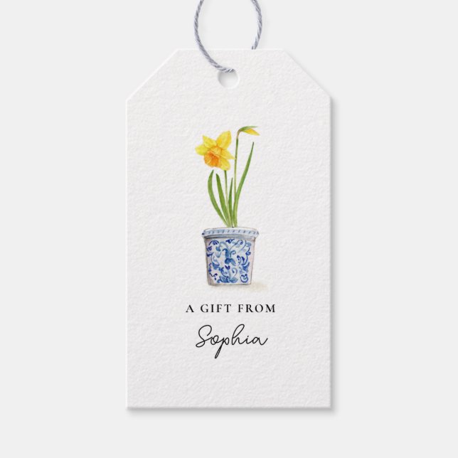Etiqueta Para Presente Daffodil em pote azul e branco (Frente)