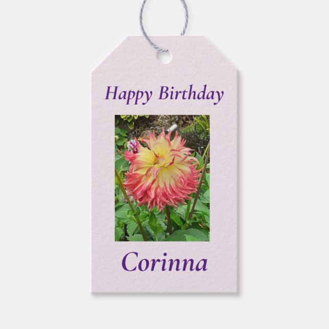 Etiqueta Para Presente Dahlia Rosa e Amarelo (Frente)