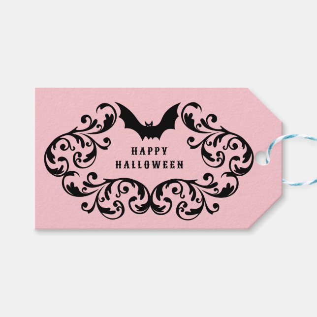 Etiqueta Para Presente Damask Glam Bat Happy Halloween Rosa (Frente (horizontal))